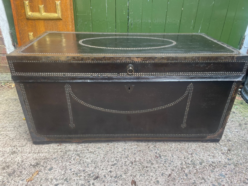Large scale early C19th Chinese export leather and brass-bound signed camphor trunk . 
 View XIV