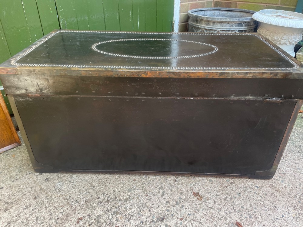 Large scale early C19th Chinese export leather and brass-bound signed camphor trunk . 
 View XV
