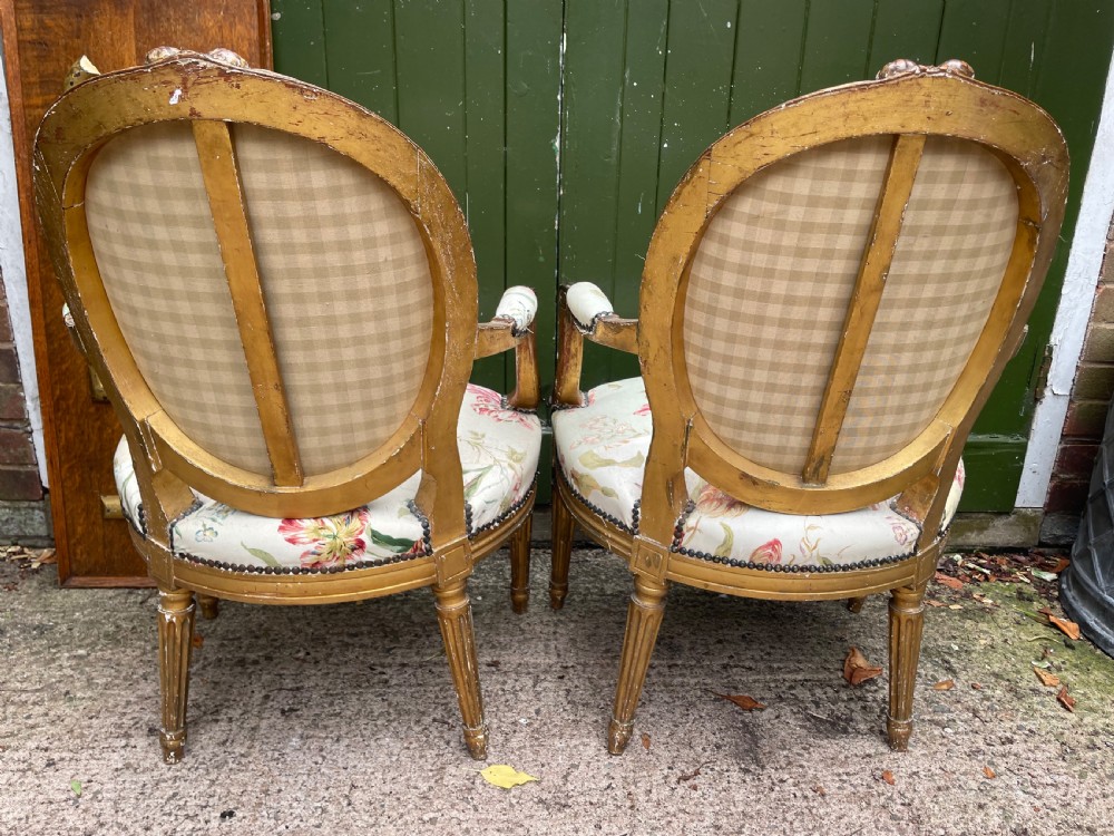 A pair of mid-19th-century French Louis XVI style giltwood salon armchairs with oval backs and floral upholstery. View XIV