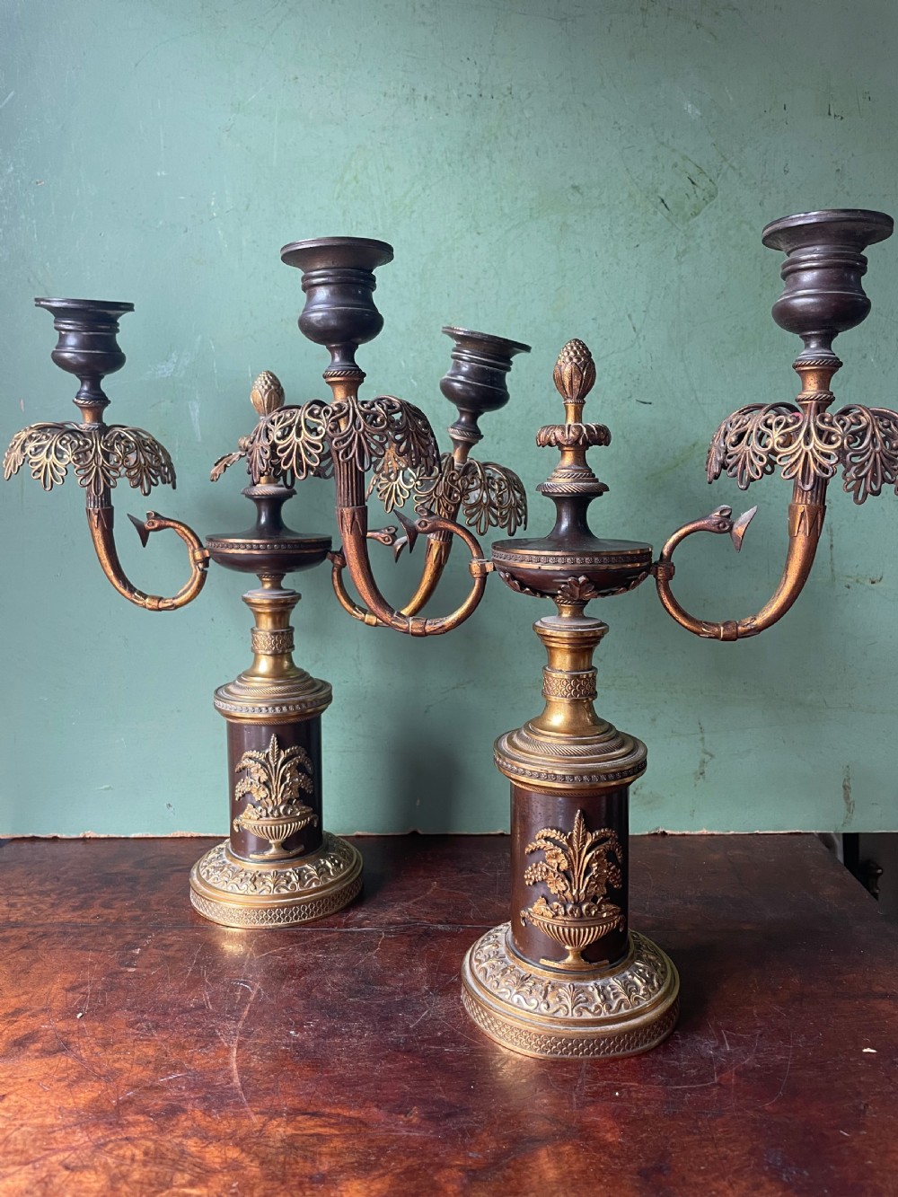 Pair of early C19th Regency period patinated bronze and ormolu twin-branch candelabras. View II