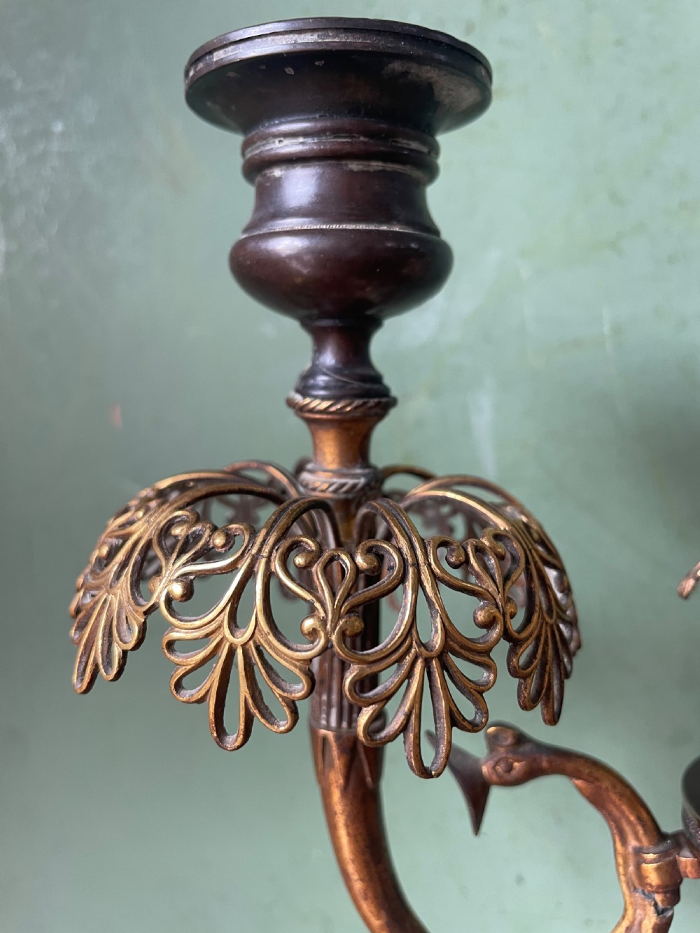 Pair of early C19th Regency period patinated bronze and ormolu twin-branch candelabras. View V