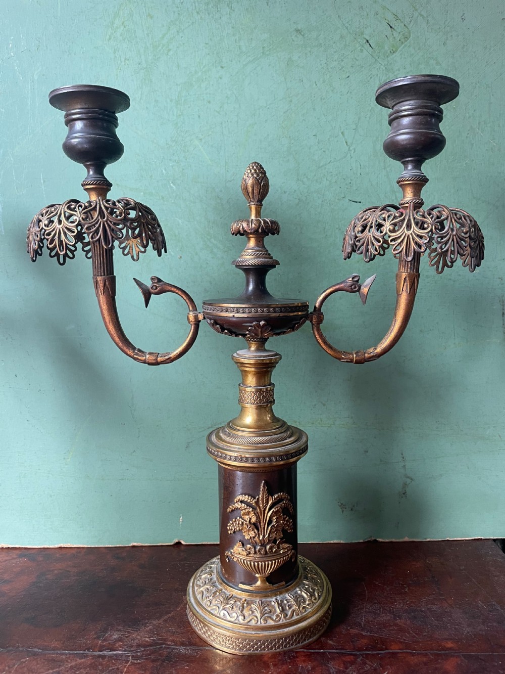 Pair of early C19th Regency period patinated bronze and ormolu twin-branch candelabras. View VIII