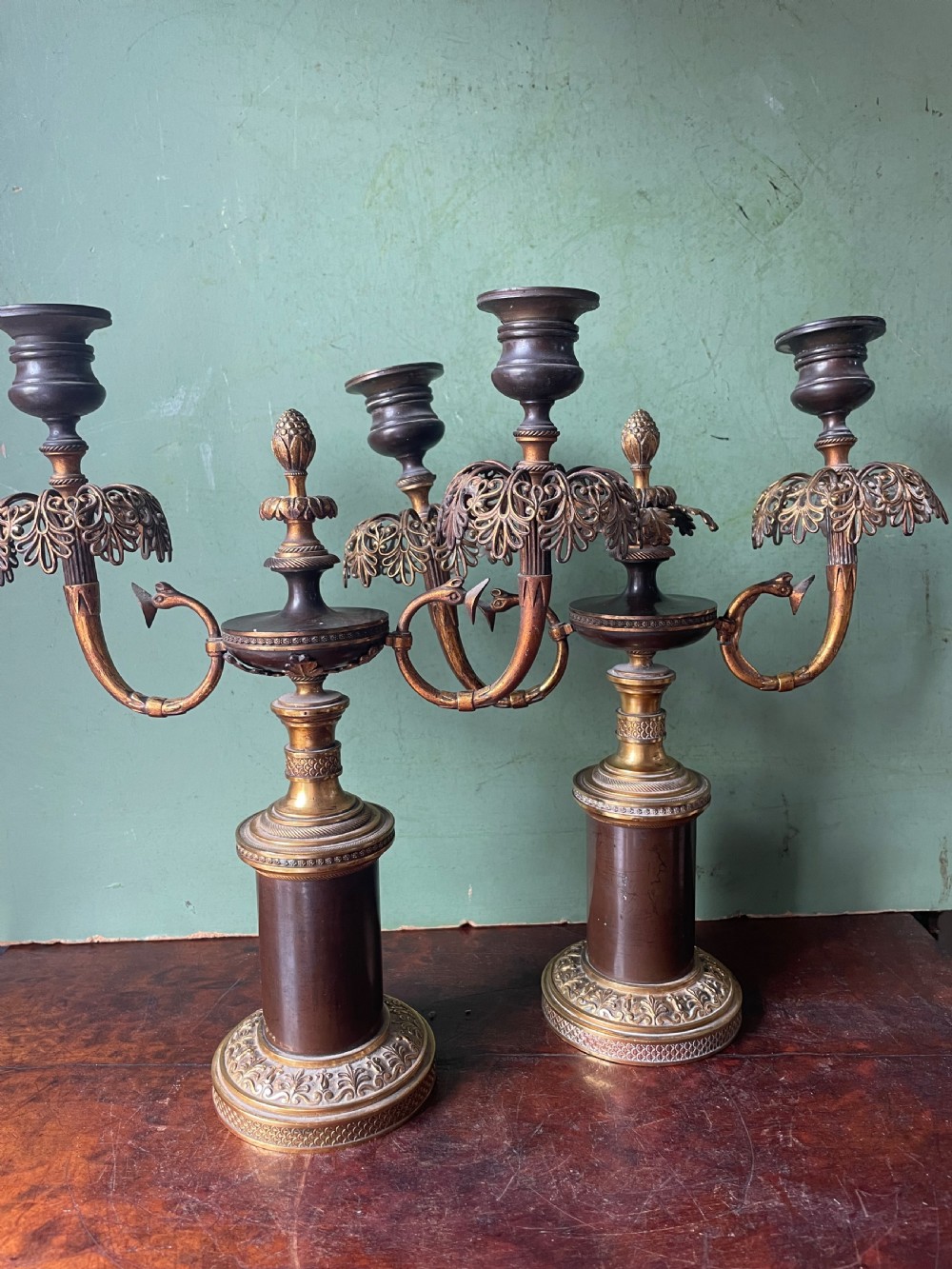 Pair of early C19th Regency period patinated bronze and ormolu twin-branch candelabras. View IX