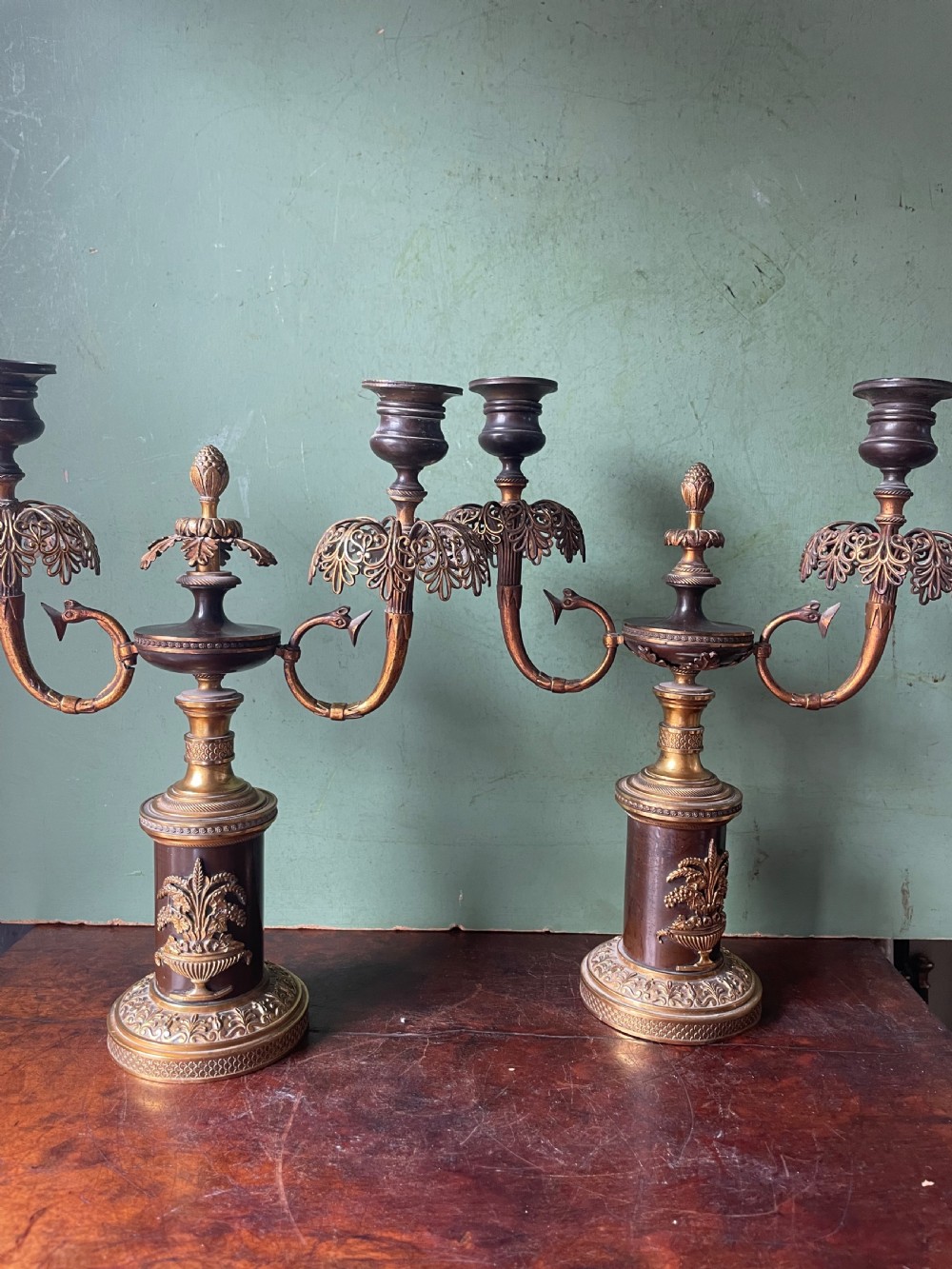 Pair of early C19th Regency period patinated bronze and ormolu twin-branch candelabras. View XII
