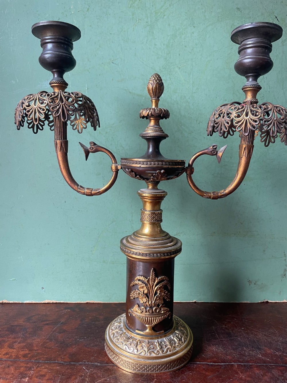 Pair of early C19th Regency period patinated bronze and ormolu twin-branch candelabras. View XIII
