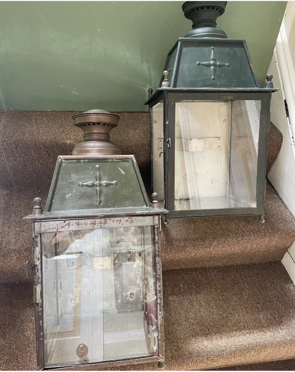 Matched pair of late C19th French tole-peinte ,copper and brass coach or wall lamps.