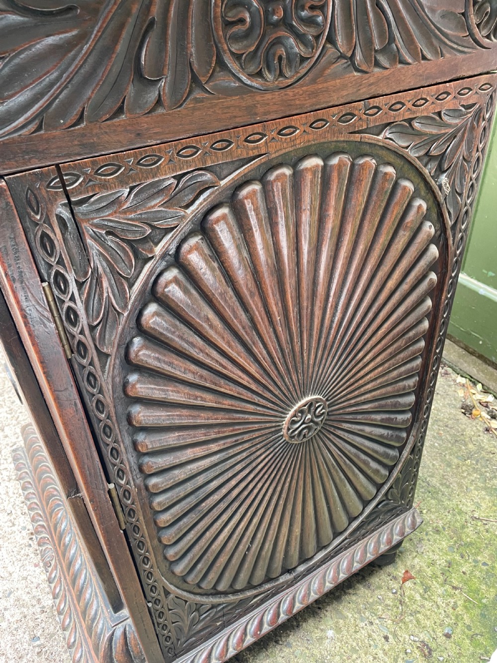 C19th Anglo-Indian carved padauk pedestal sideboard. View XVIII