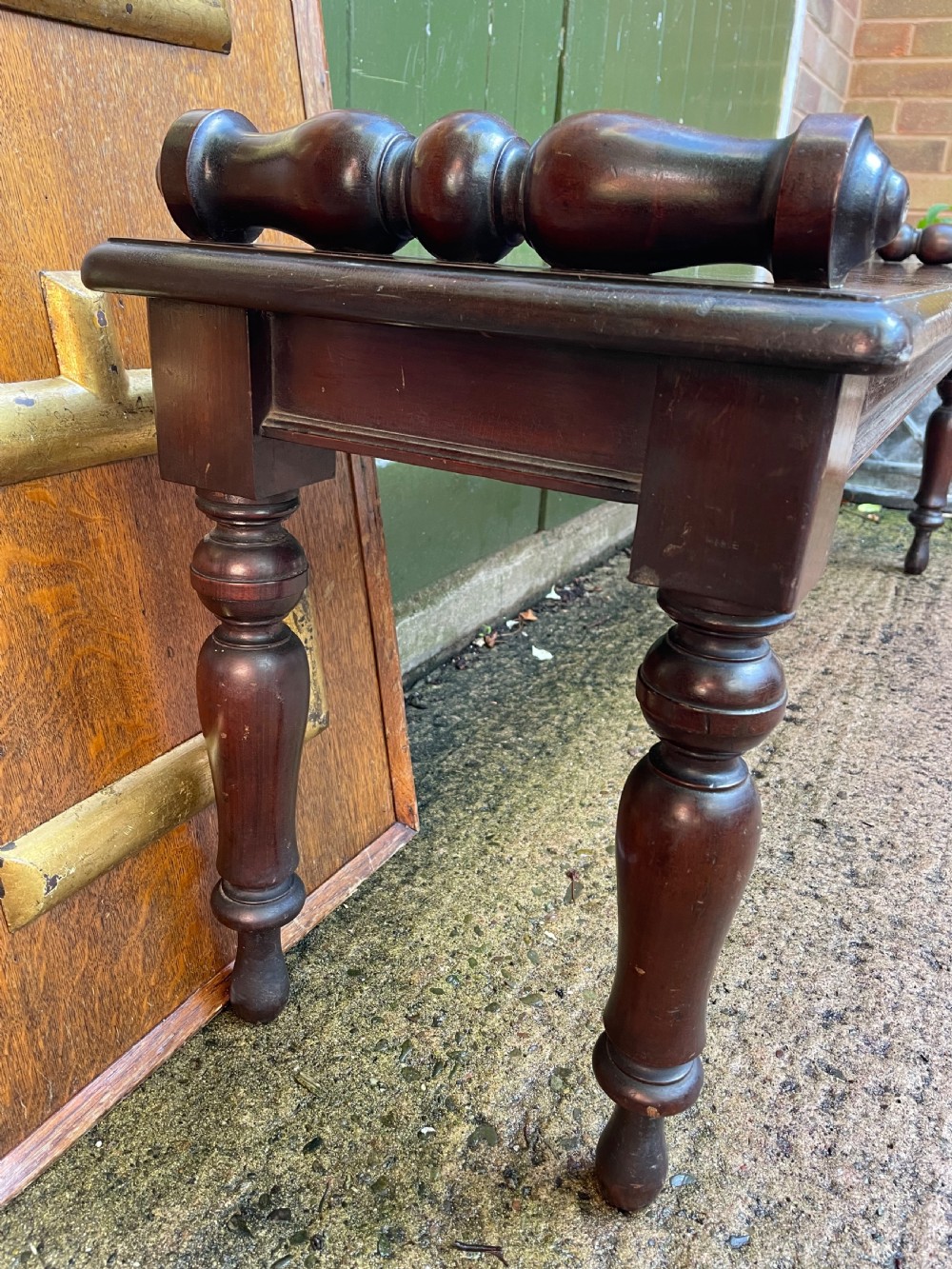 C19th William IV period mahogany window seat or hall bench of larger scale . View VIII