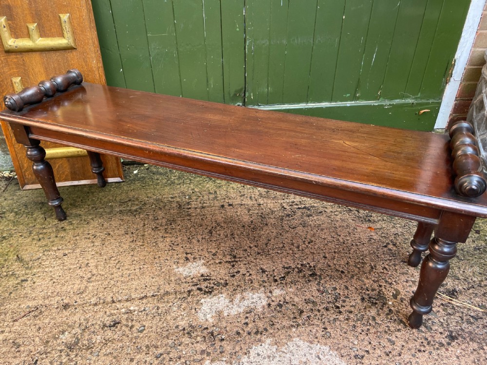 C19th William IV period mahogany window seat or hall bench of larger scale . View X