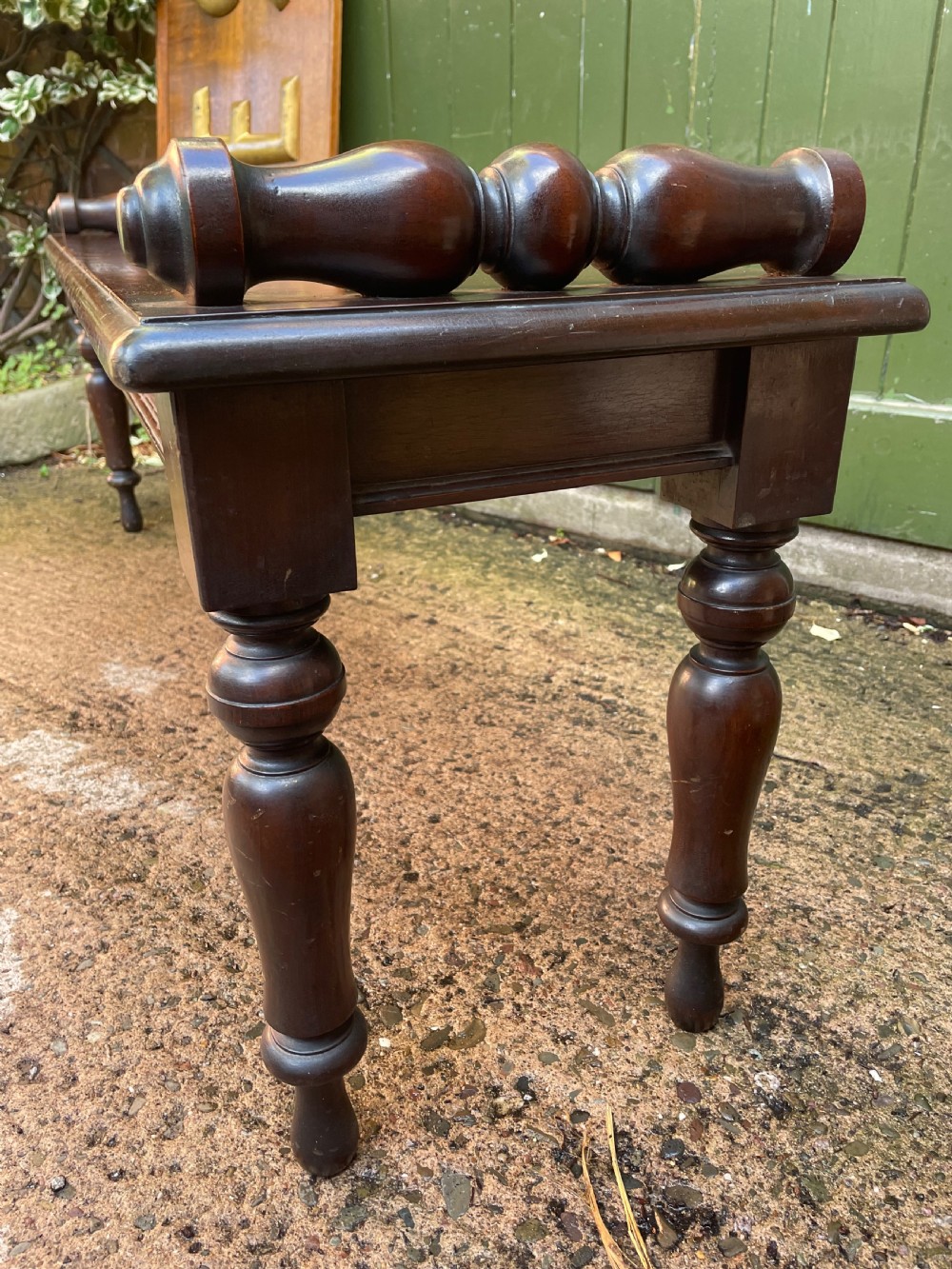 C19th William IV period mahogany window seat or hall bench of larger scale . View XI