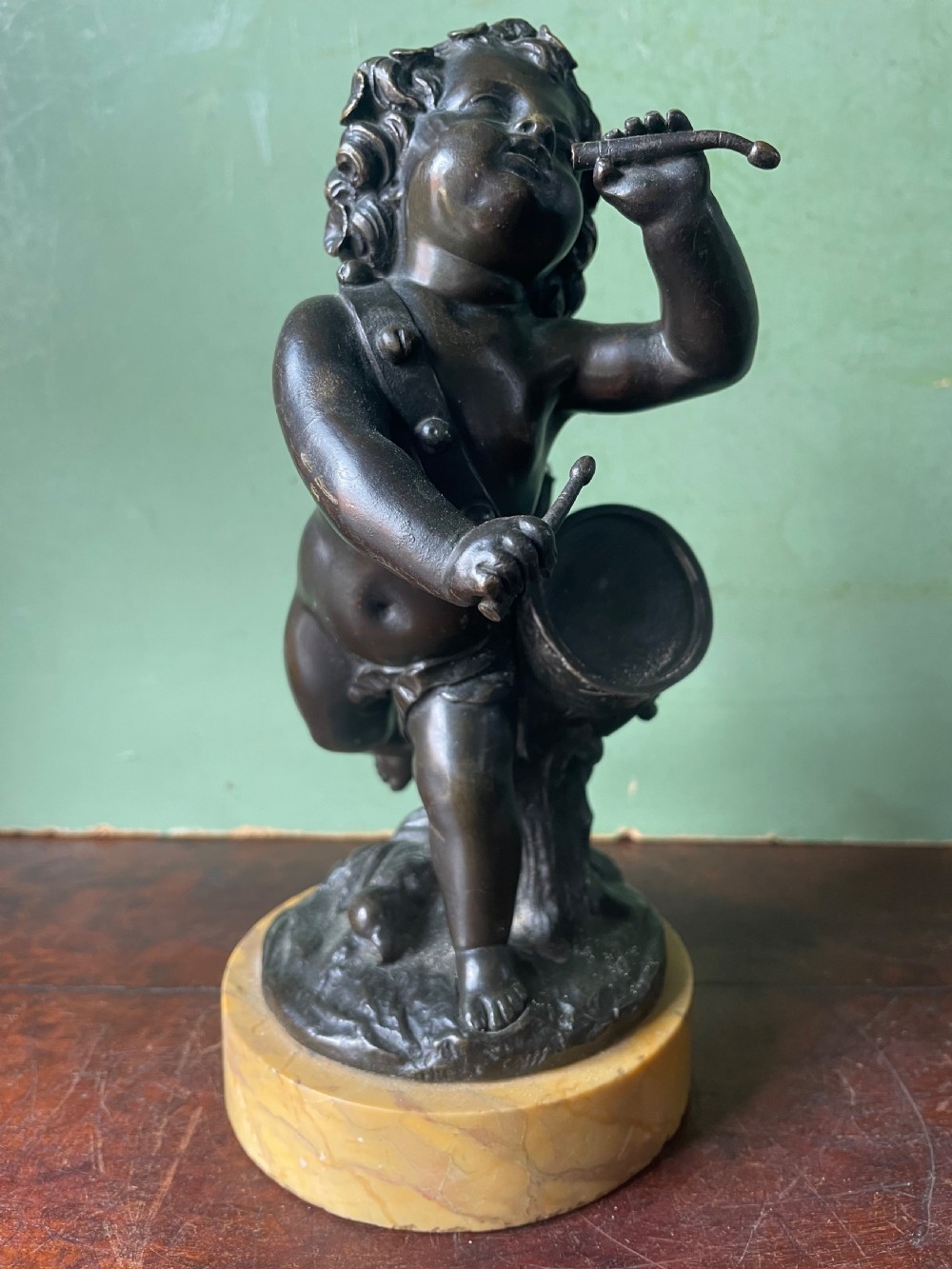 Pair of early C19th French bronze allegorical sculptures of cherubs , emblematic of music and comedy after Clodion.
 View VI