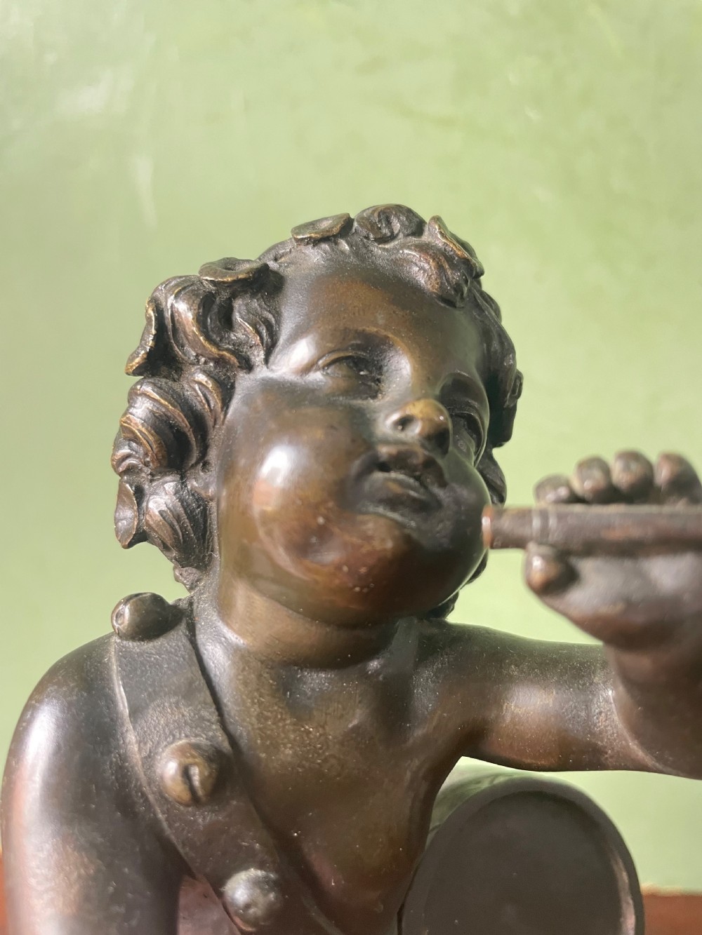Pair of early C19th French bronze allegorical sculptures of cherubs , emblematic of music and comedy after Clodion.
 View VII