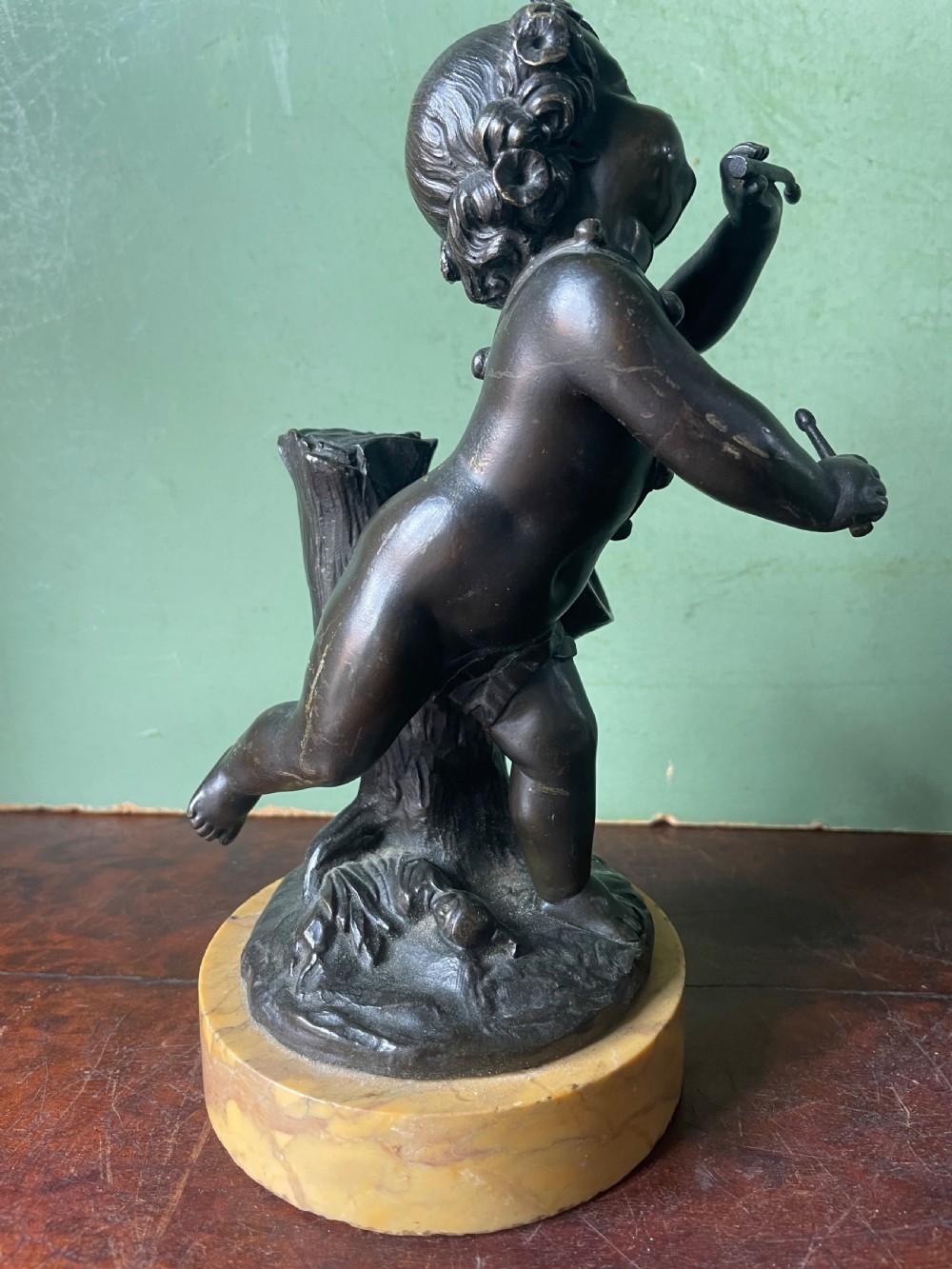 Pair of early C19th French bronze allegorical sculptures of cherubs , emblematic of music and comedy after Clodion.
 View VIII
