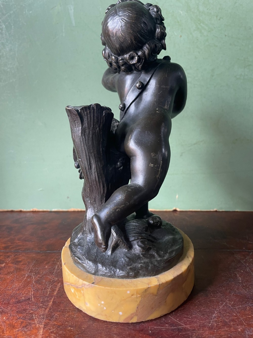 Pair of early C19th French bronze allegorical sculptures of cherubs , emblematic of music and comedy after Clodion.
 View IX