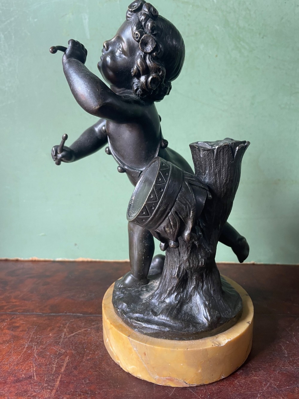 Pair of early C19th French bronze allegorical sculptures of cherubs , emblematic of music and comedy after Clodion.
 View XI