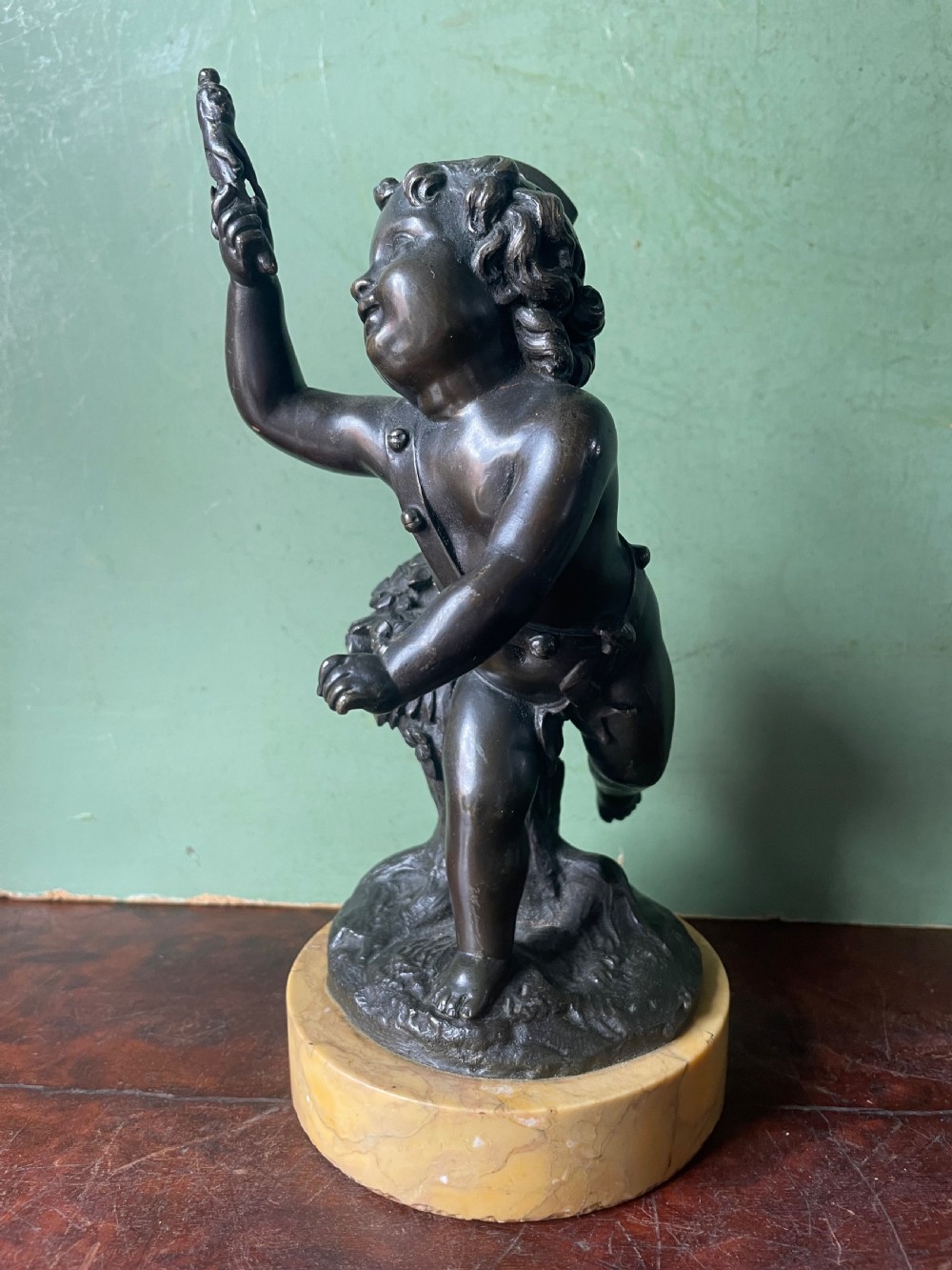 Pair of early C19th French bronze allegorical sculptures of cherubs , emblematic of music and comedy after Clodion.
 View XII