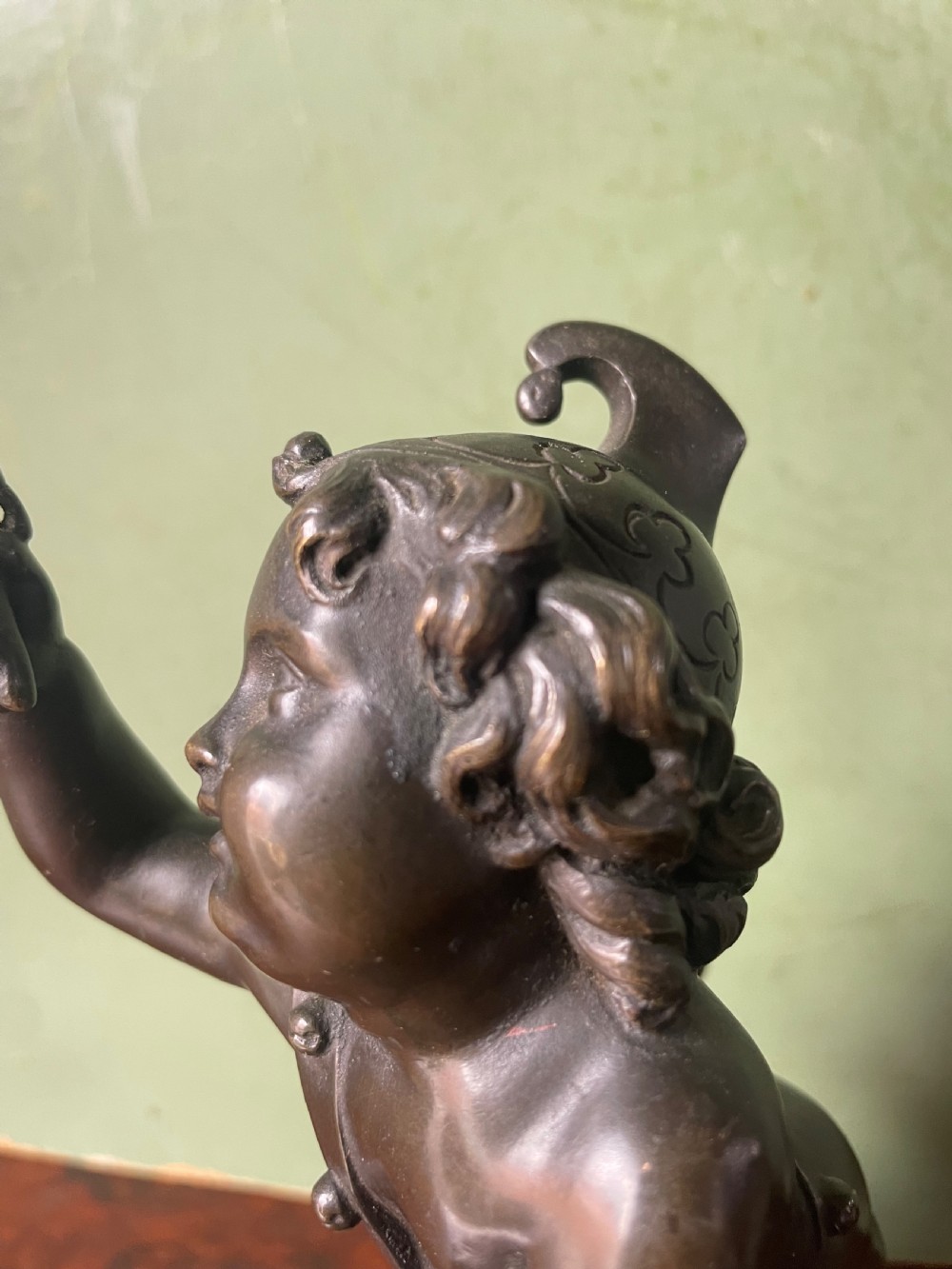 Pair of early C19th French bronze allegorical sculptures of cherubs , emblematic of music and comedy after Clodion.
 View XIV