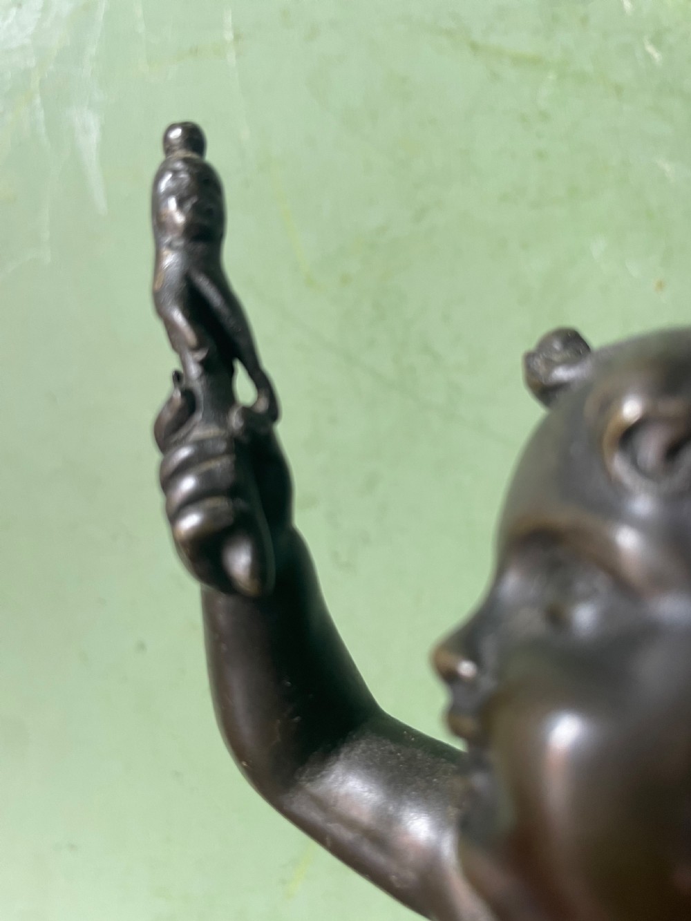 Pair of early C19th French bronze allegorical sculptures of cherubs , emblematic of music and comedy after Clodion.
 View XV