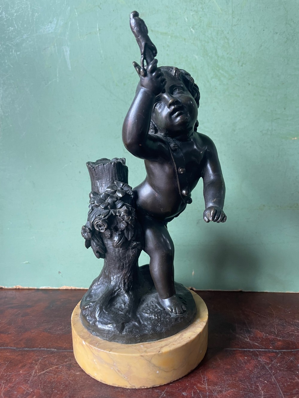Pair of early C19th French bronze allegorical sculptures of cherubs , emblematic of music and comedy after Clodion.
 View XVI