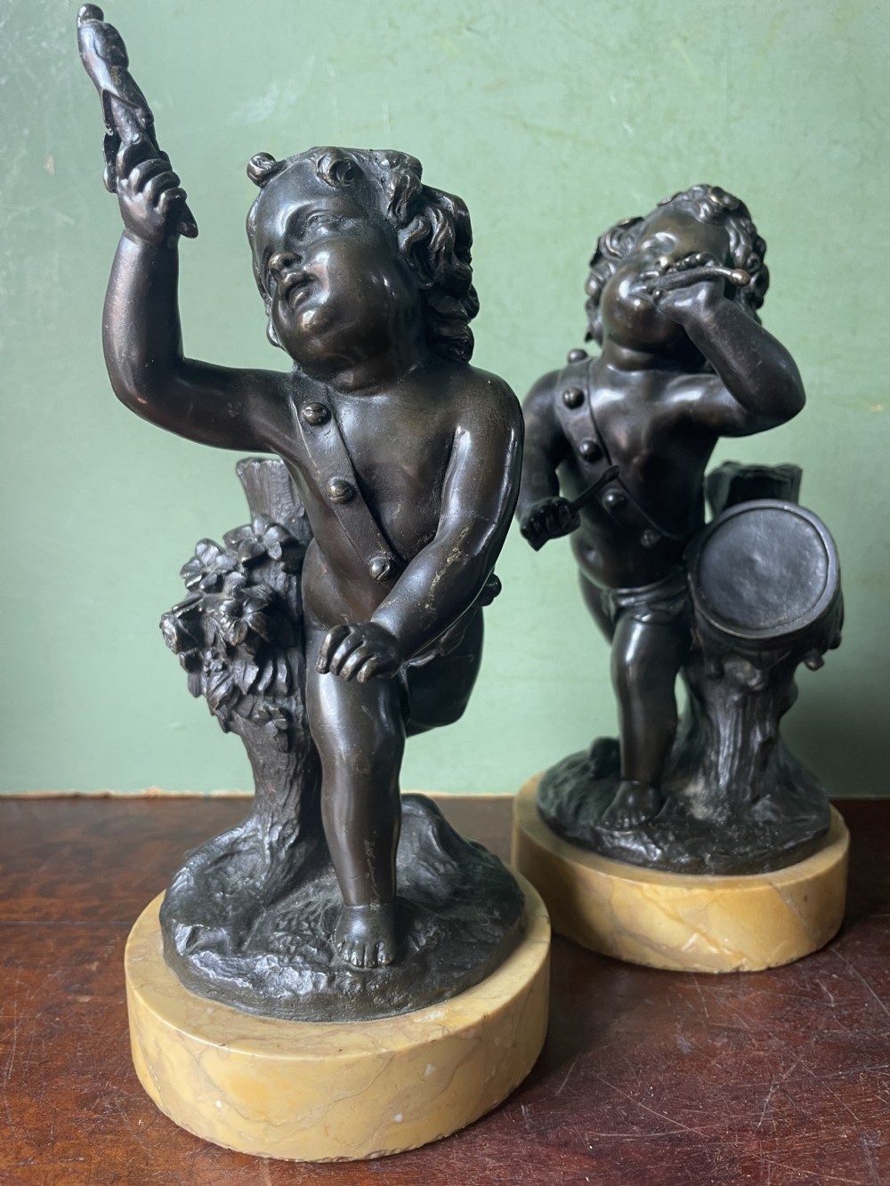 Pair of early C19th French bronze allegorical sculptures of cherubs , emblematic of music and comedy after Clodion.
 View XXI