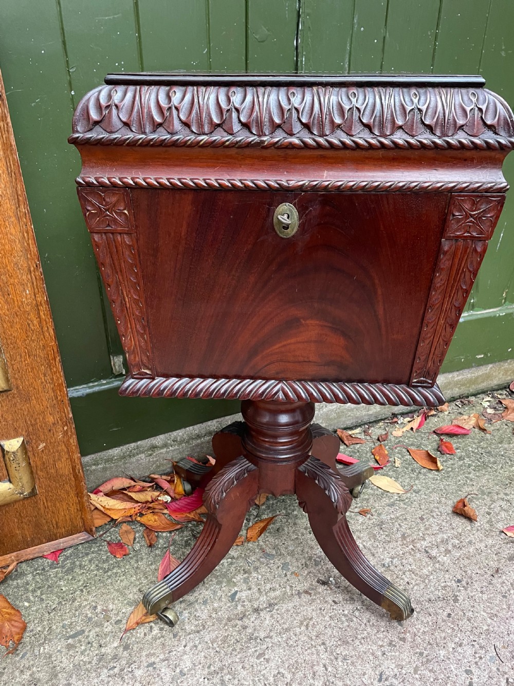 Early C19th Regency period Irish carved mahogany cellarette. View III