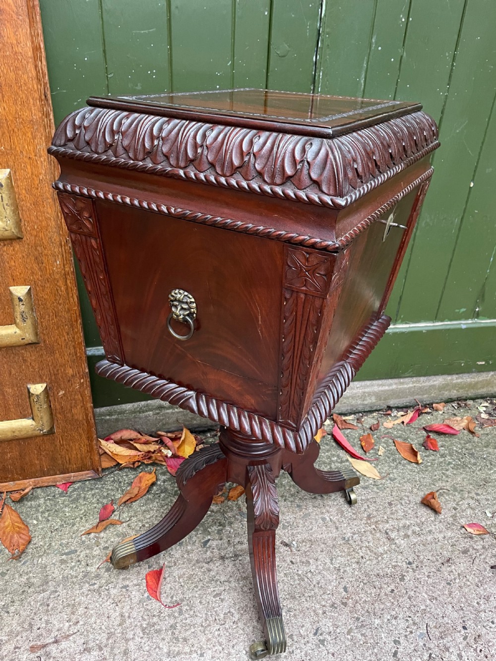 Early C19th Regency period Irish carved mahogany cellarette. View IV