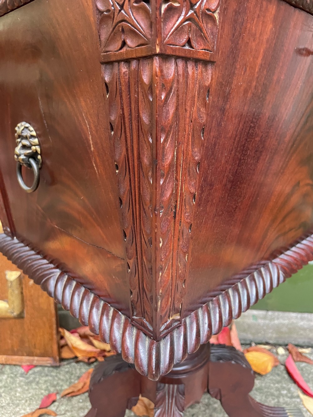 Early C19th Regency period Irish carved mahogany cellarette. View VI