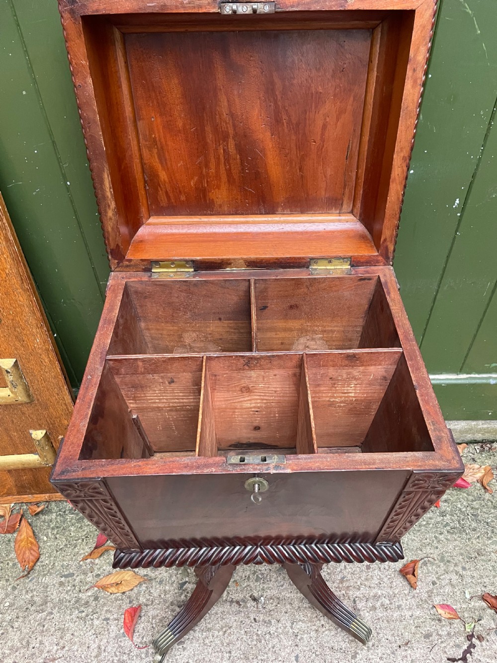 Early C19th Regency period Irish carved mahogany cellarette. View VIII
