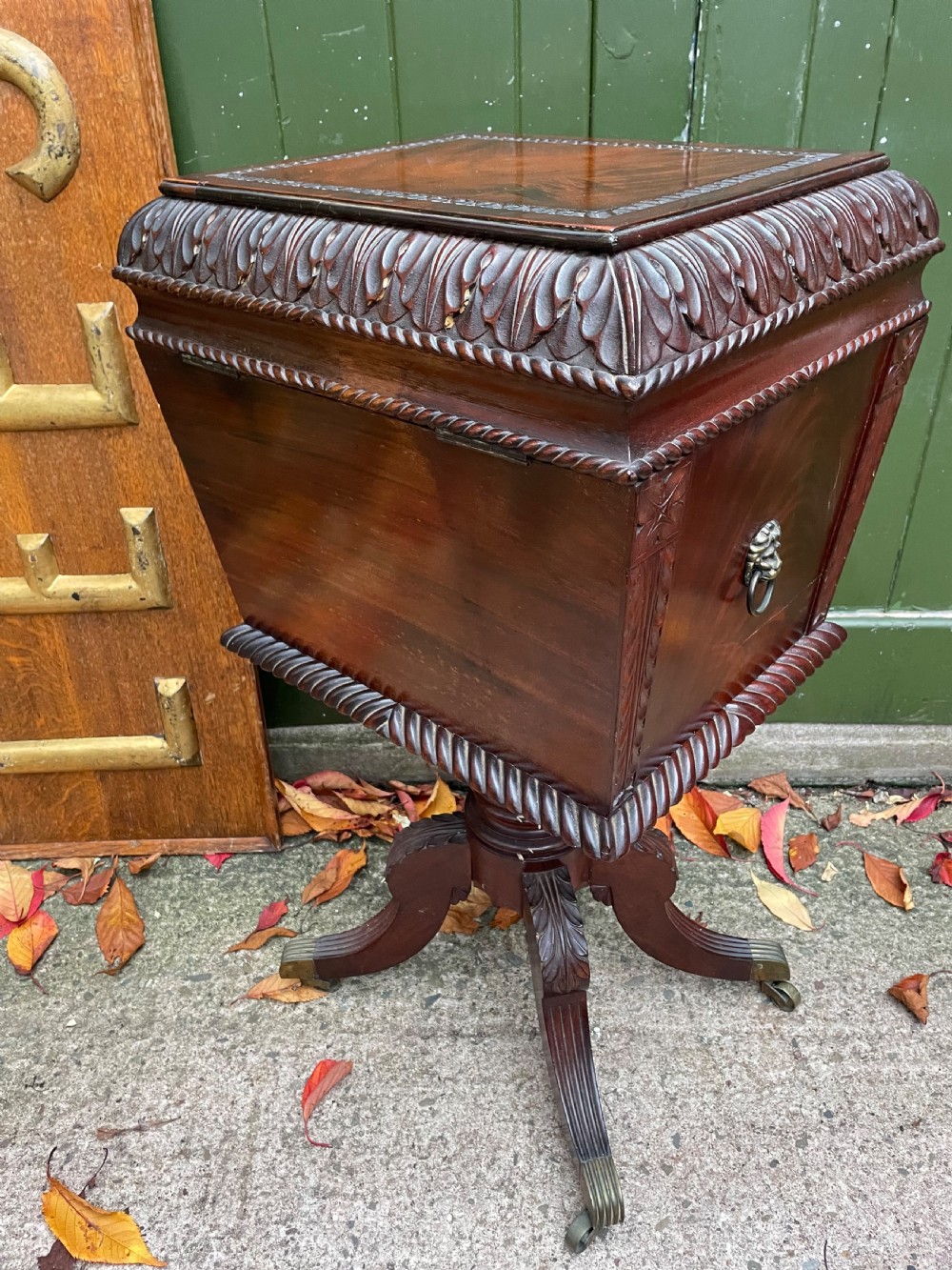 Early C19th Regency period Irish carved mahogany cellarette. View IX