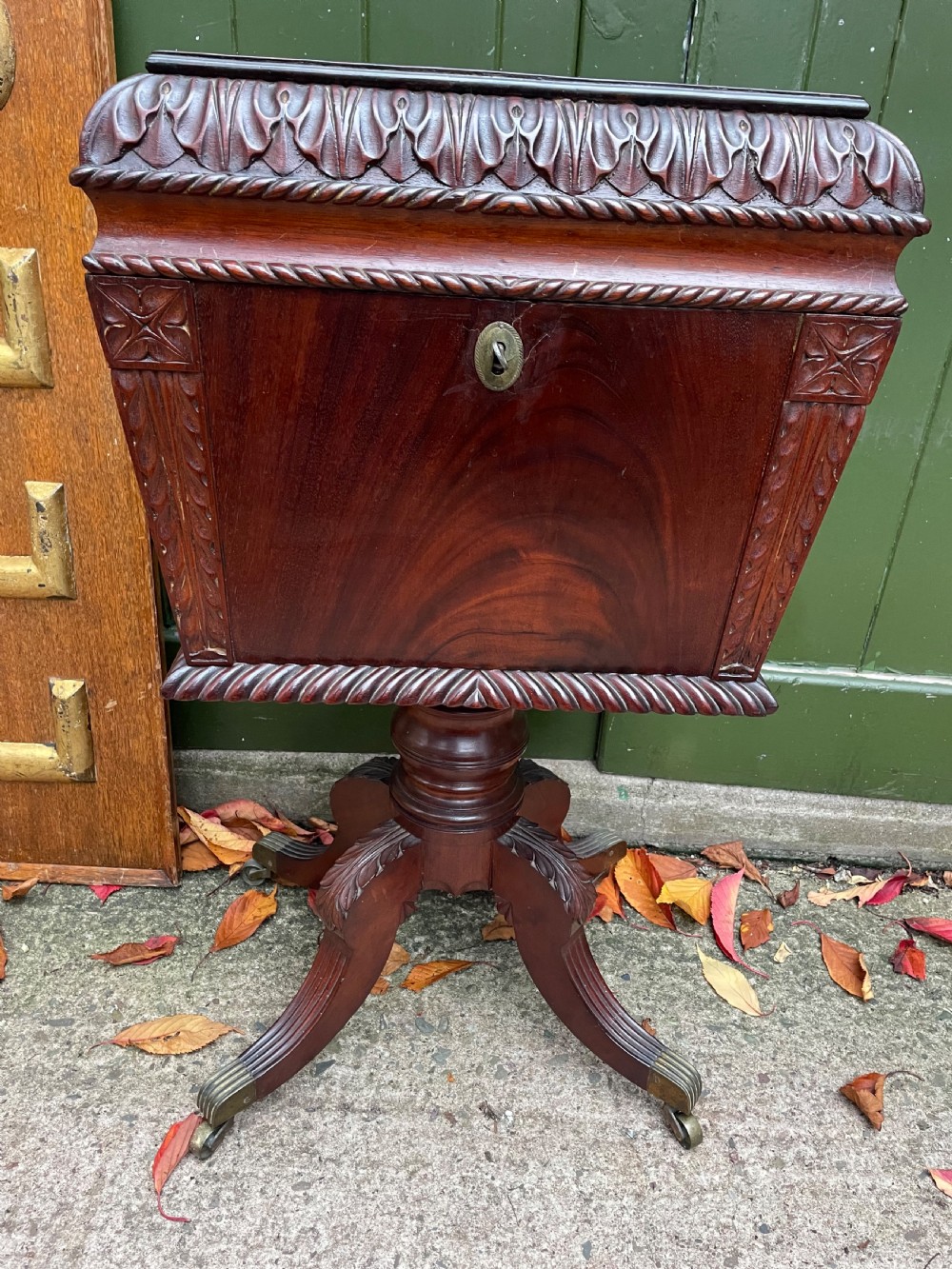 Early C19th Regency period Irish carved mahogany cellarette. View XII
