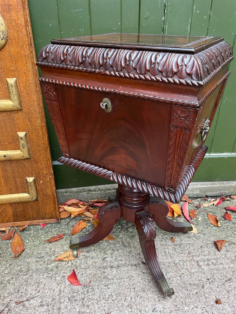 Early C19th Regency period Irish carved mahogany cellarette. View XIV