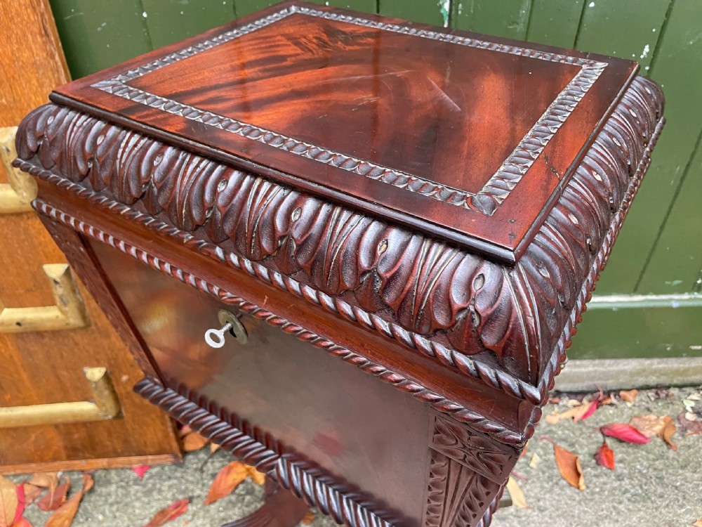 Early C19th Regency period Irish carved mahogany cellarette. View XVI