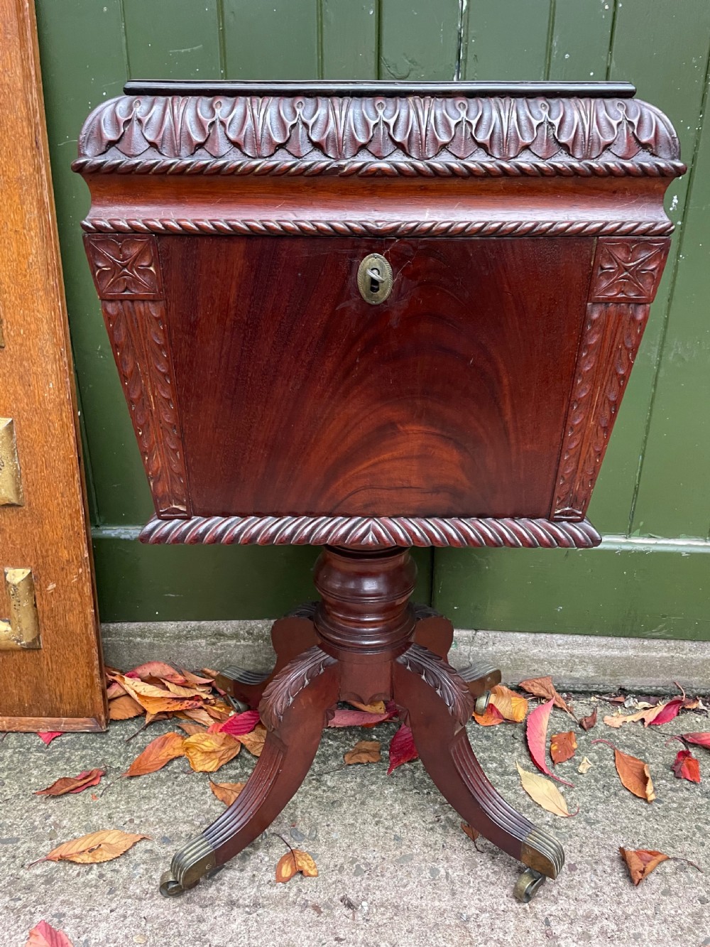 Early C19th Regency period Irish carved mahogany cellarette. View XVII