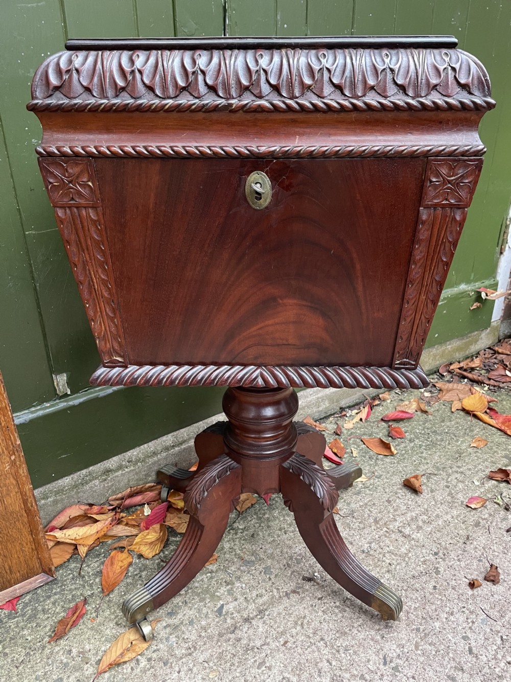 Early C19th Regency period Irish carved mahogany cellarette. View XXI