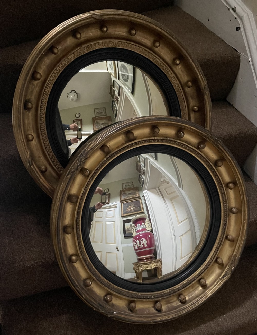 Matched pair of early C19th Regency period circular gilt-wood framed convex-plate mirrors  View XI