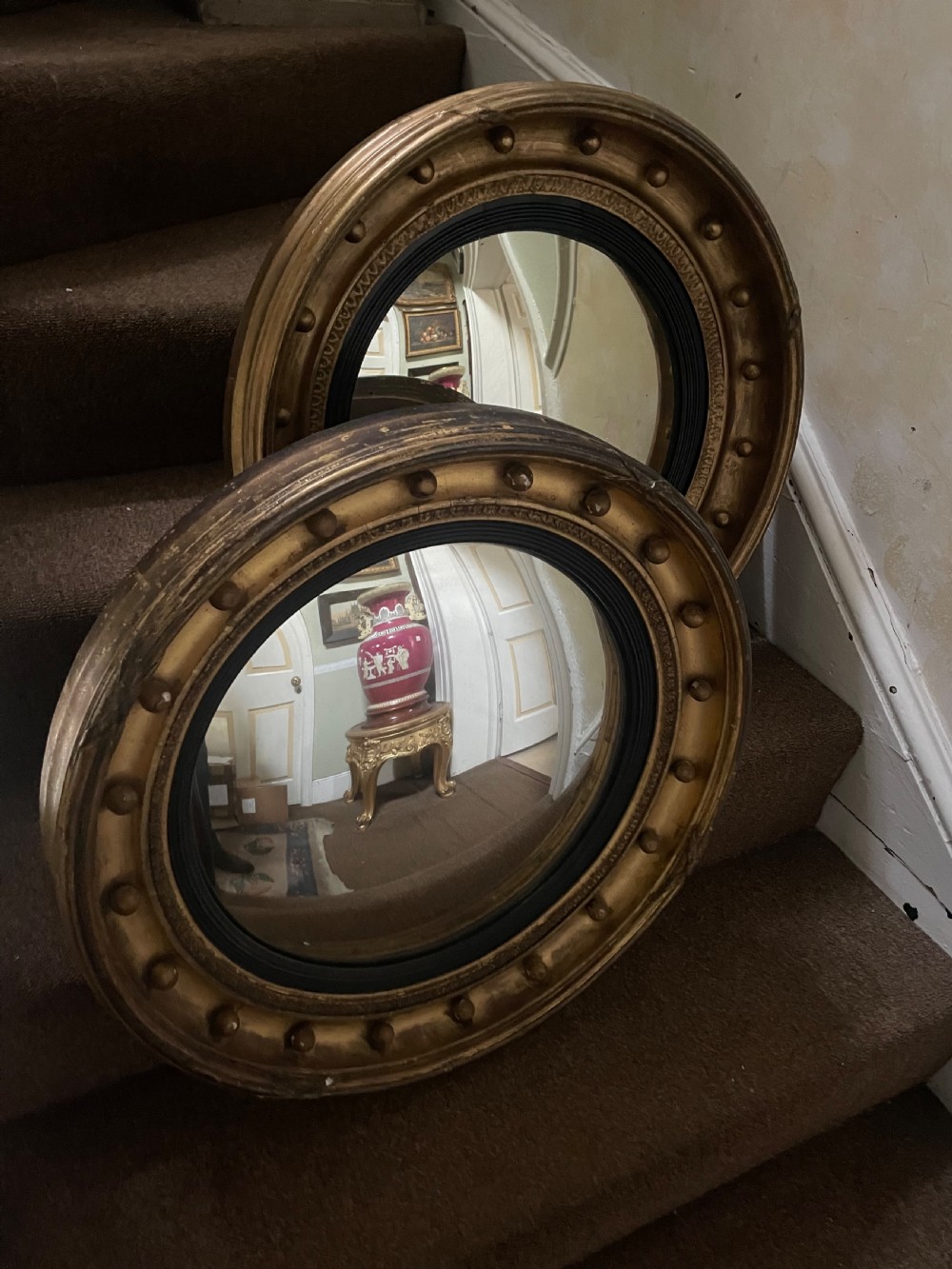 Matched pair of early C19th Regency period circular gilt-wood framed convex-plate mirrors  View XIII