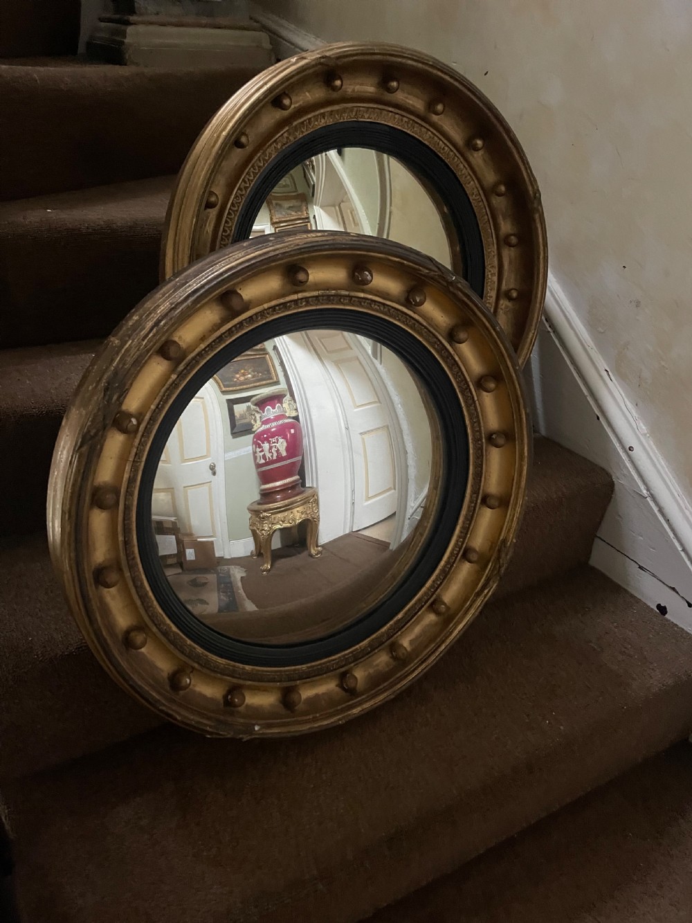 Matched pair of early C19th Regency period circular gilt-wood framed convex-plate mirrors  View XIV