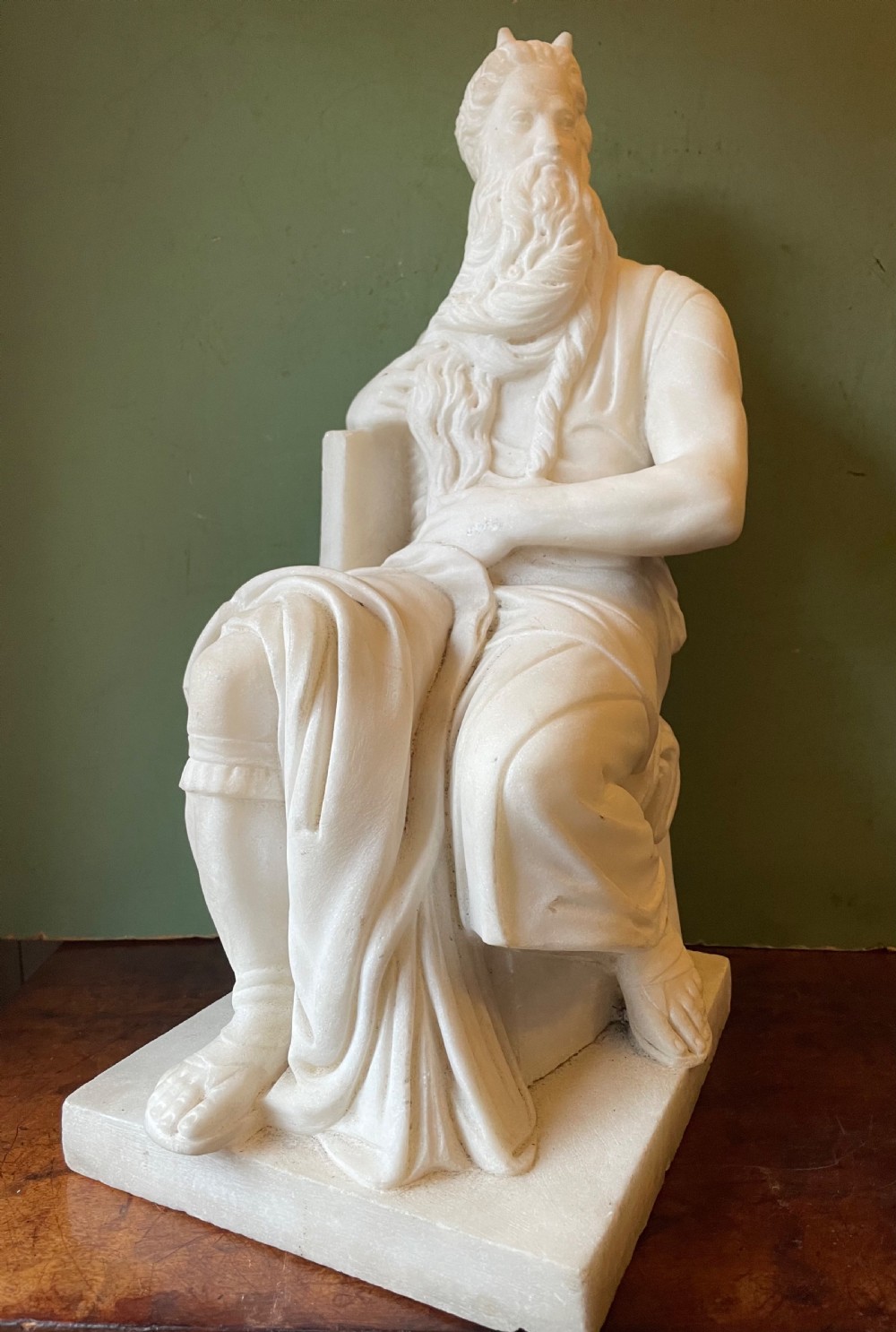 C19th Italian carved statuary marble “Grand Tour” souvenir reduction sculpture of Moses after Michelangelo Buonarroti Simoni (1475-1564) .