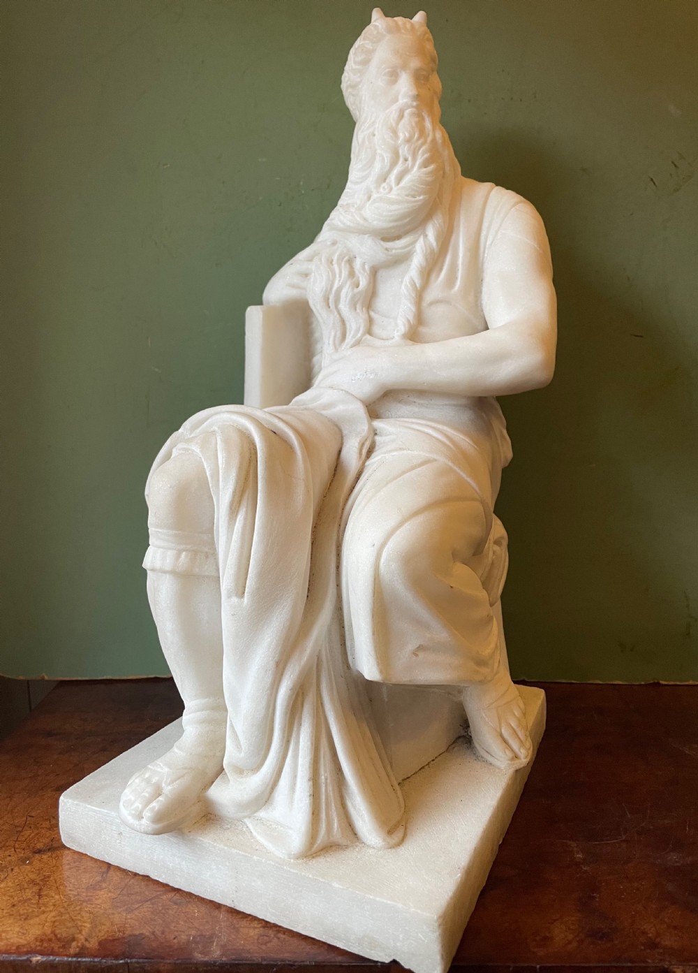 C19th Italian carved statuary marble “Grand Tour” souvenir reduction sculpture of Moses after Michelangelo Buonarroti Simoni (1475-1564) . View II