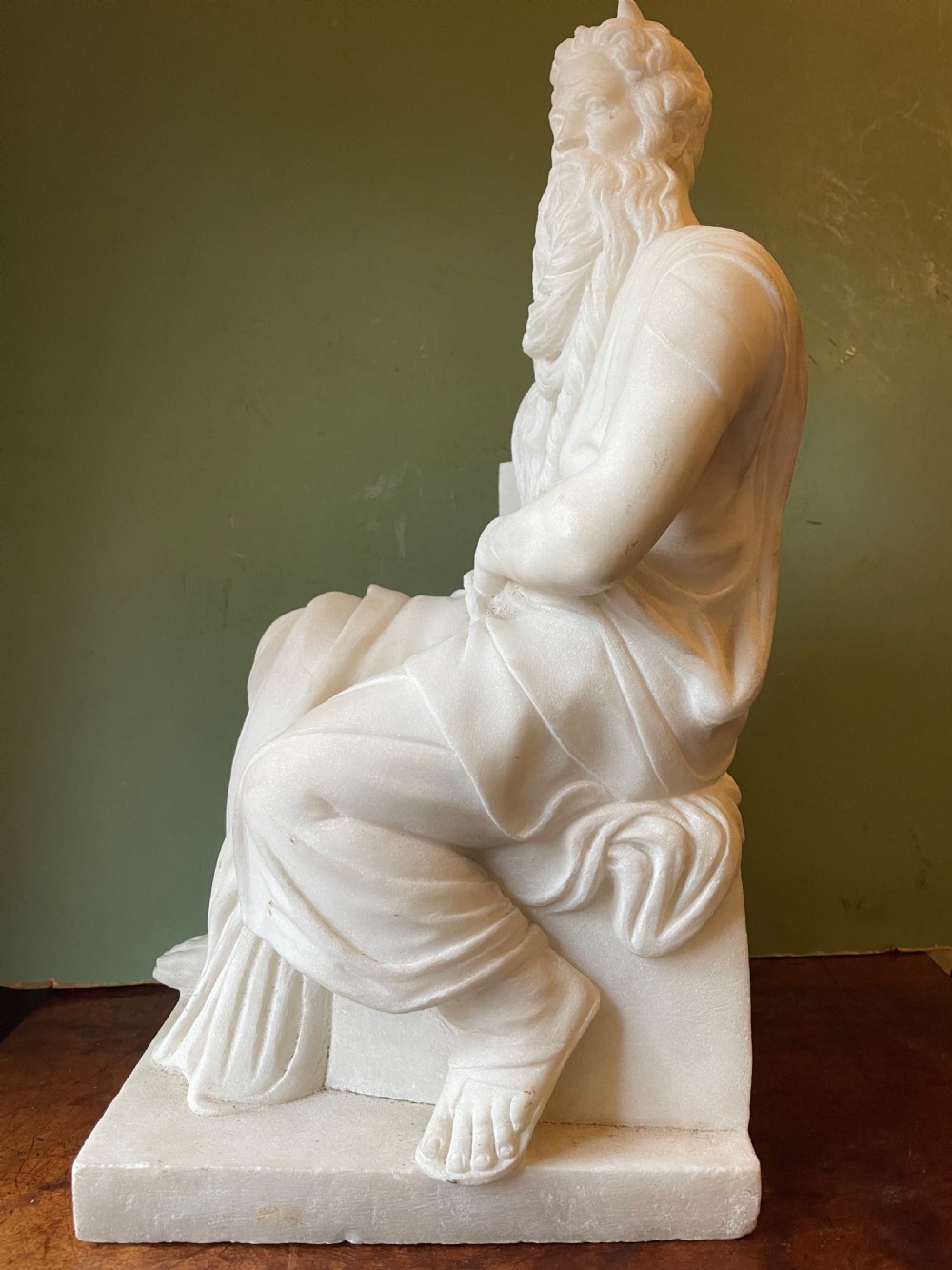C19th Italian carved statuary marble “Grand Tour” souvenir reduction sculpture of Moses after Michelangelo Buonarroti Simoni (1475-1564) . View III
