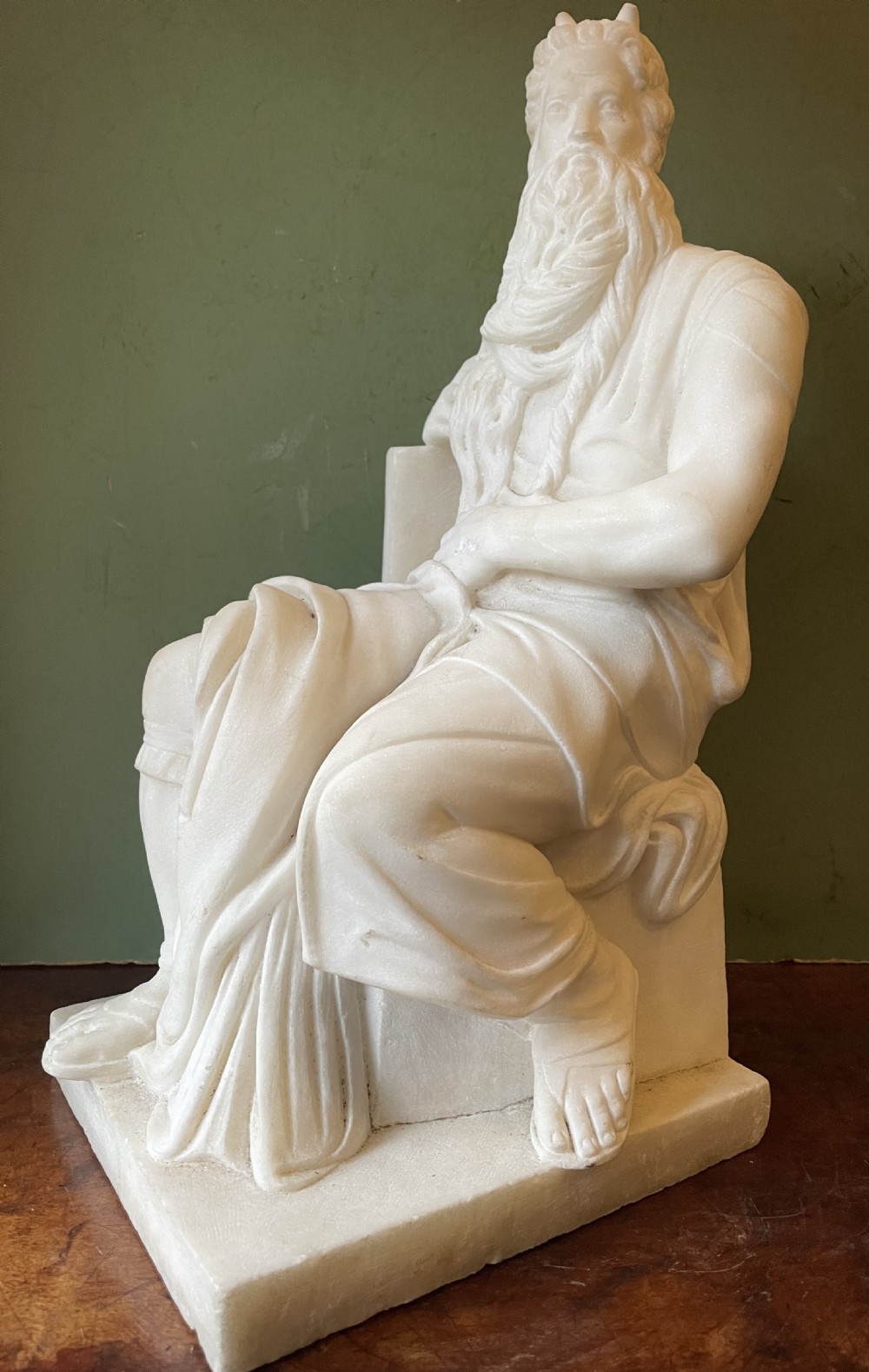 C19th Italian carved statuary marble “Grand Tour” souvenir reduction sculpture of Moses after Michelangelo Buonarroti Simoni (1475-1564) . View VIII