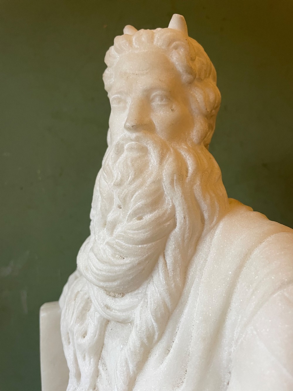 C19th Italian carved statuary marble “Grand Tour” souvenir reduction sculpture of Moses after Michelangelo Buonarroti Simoni (1475-1564) . View IX
