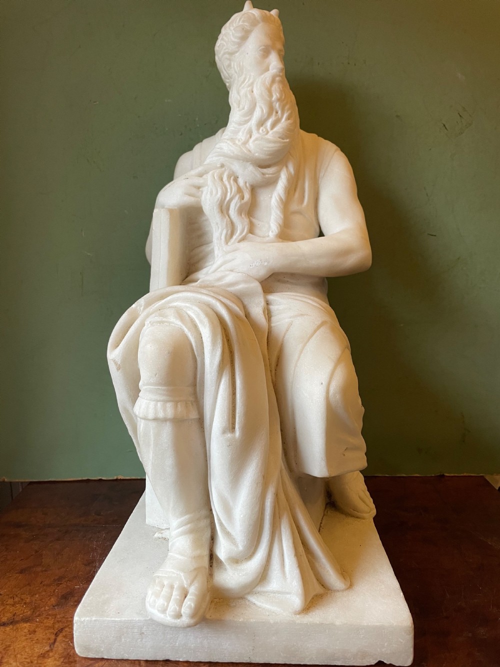 C19th Italian carved statuary marble “Grand Tour” souvenir reduction sculpture of Moses after Michelangelo Buonarroti Simoni (1475-1564) . View XII