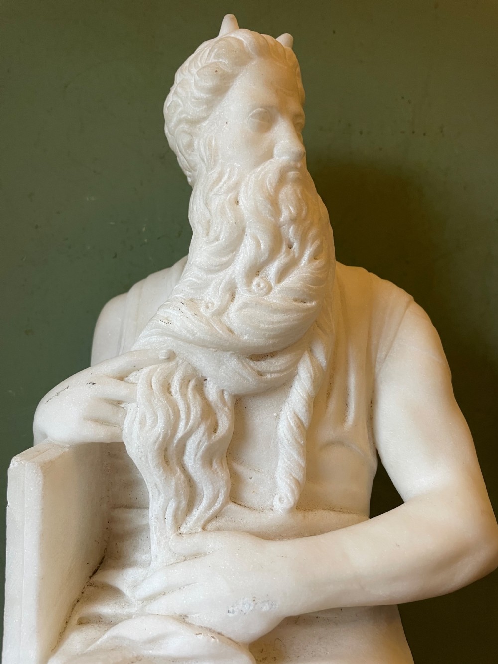 C19th Italian carved statuary marble “Grand Tour” souvenir reduction sculpture of Moses after Michelangelo Buonarroti Simoni (1475-1564) . View XIII