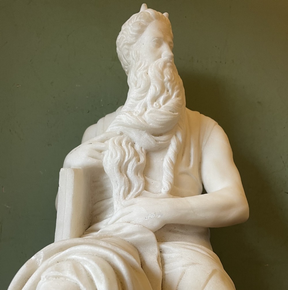 C19th Italian carved statuary marble “Grand Tour” souvenir reduction sculpture of Moses after Michelangelo Buonarroti Simoni (1475-1564) . View XV