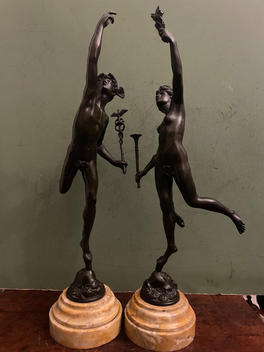 Pair of finely cast C19th ‘Grand Tour’ souvenir classical bronze statuettes of “Mercury” and “Fortuna” , after Giambologna. View II