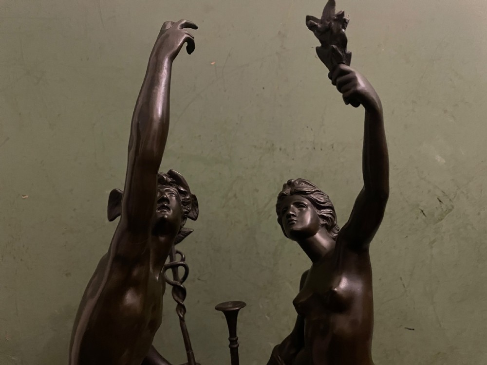 Pair of finely cast C19th ‘Grand Tour’ souvenir classical bronze statuettes of “Mercury” and “Fortuna” , after Giambologna. View III