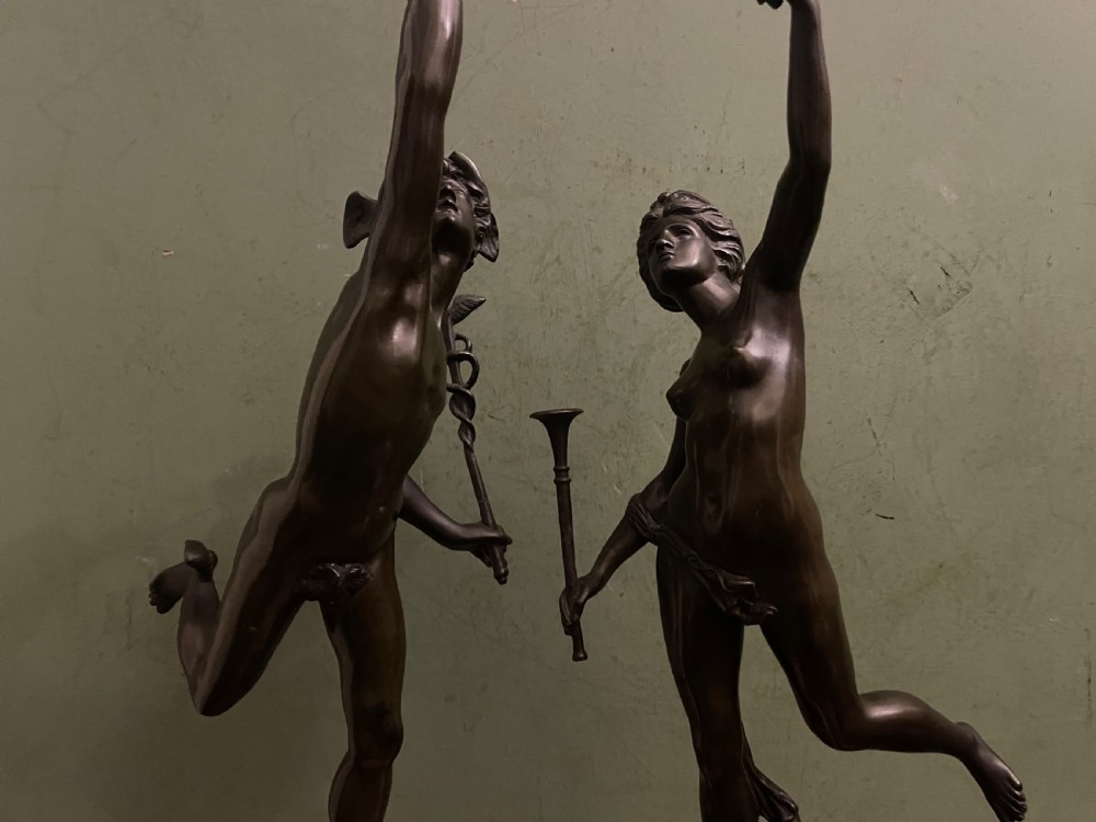 Pair of finely cast C19th ‘Grand Tour’ souvenir classical bronze statuettes of “Mercury” and “Fortuna” , after Giambologna. View V