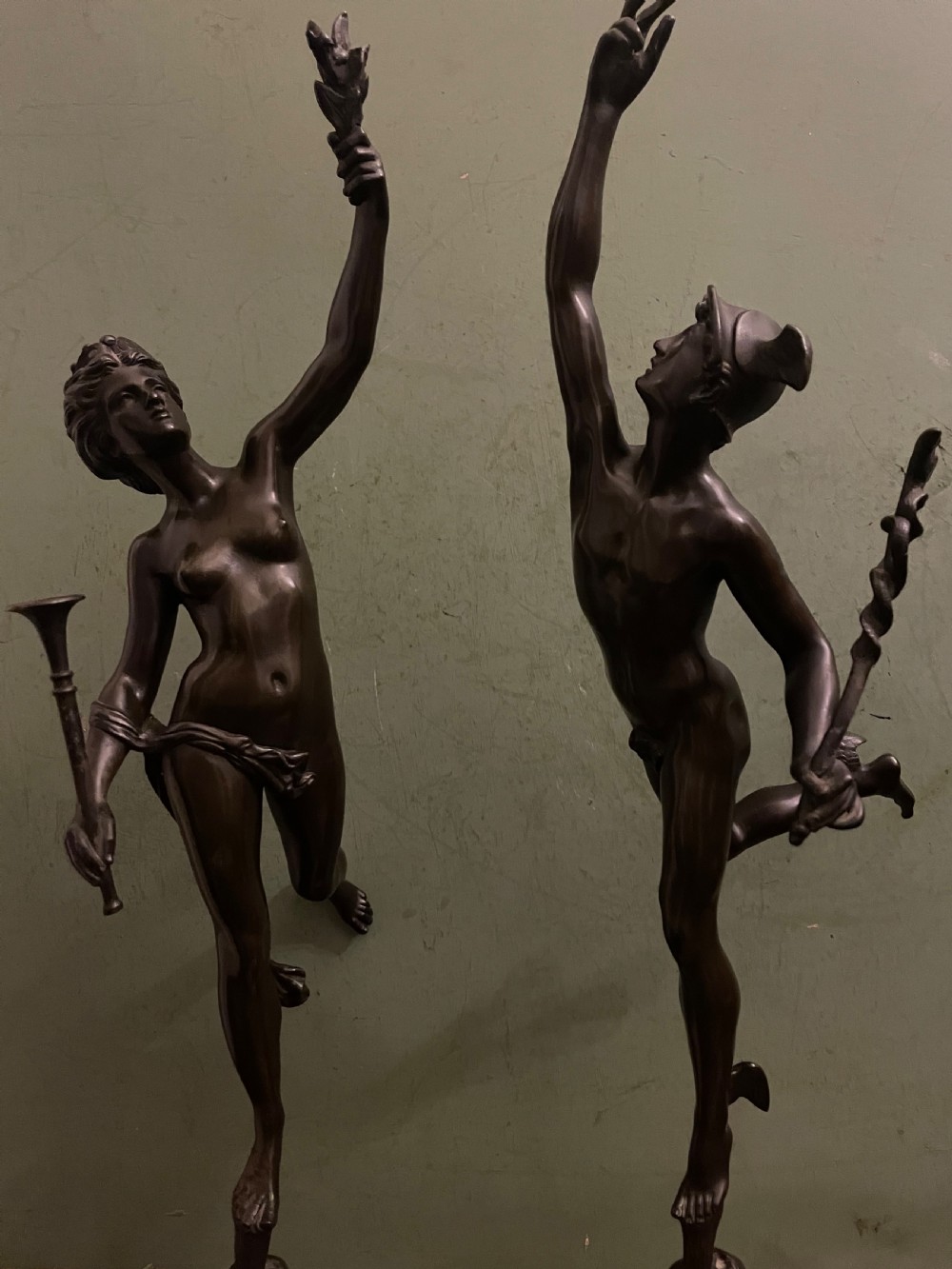 Pair of finely cast C19th ‘Grand Tour’ souvenir classical bronze statuettes of “Mercury” and “Fortuna” , after Giambologna. View XIX