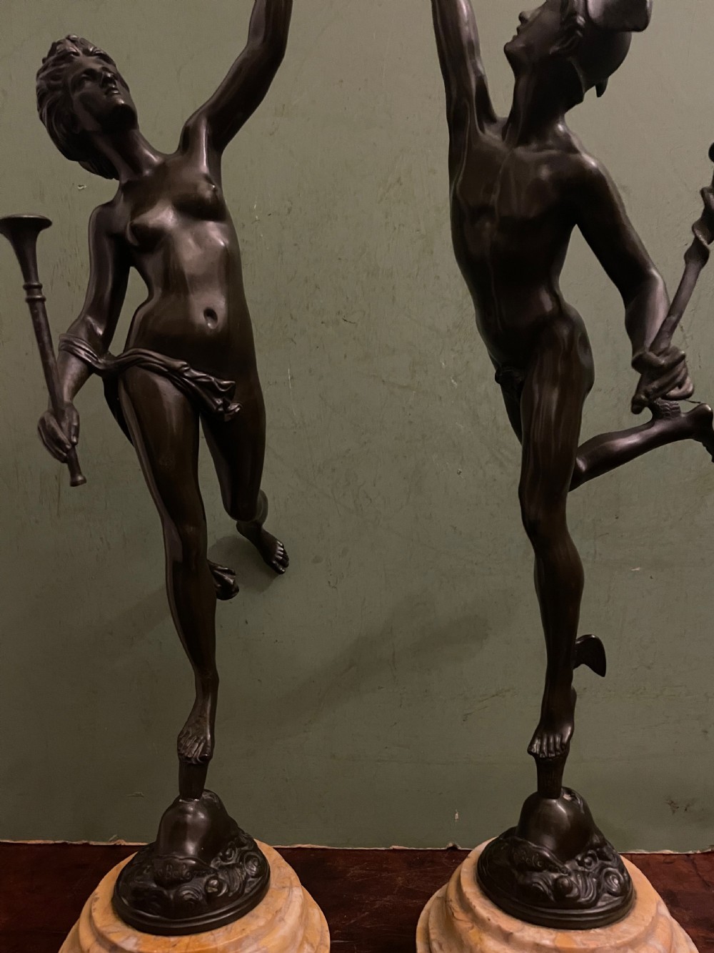 Pair of finely cast C19th ‘Grand Tour’ souvenir classical bronze statuettes of “Mercury” and “Fortuna” , after Giambologna. View XX